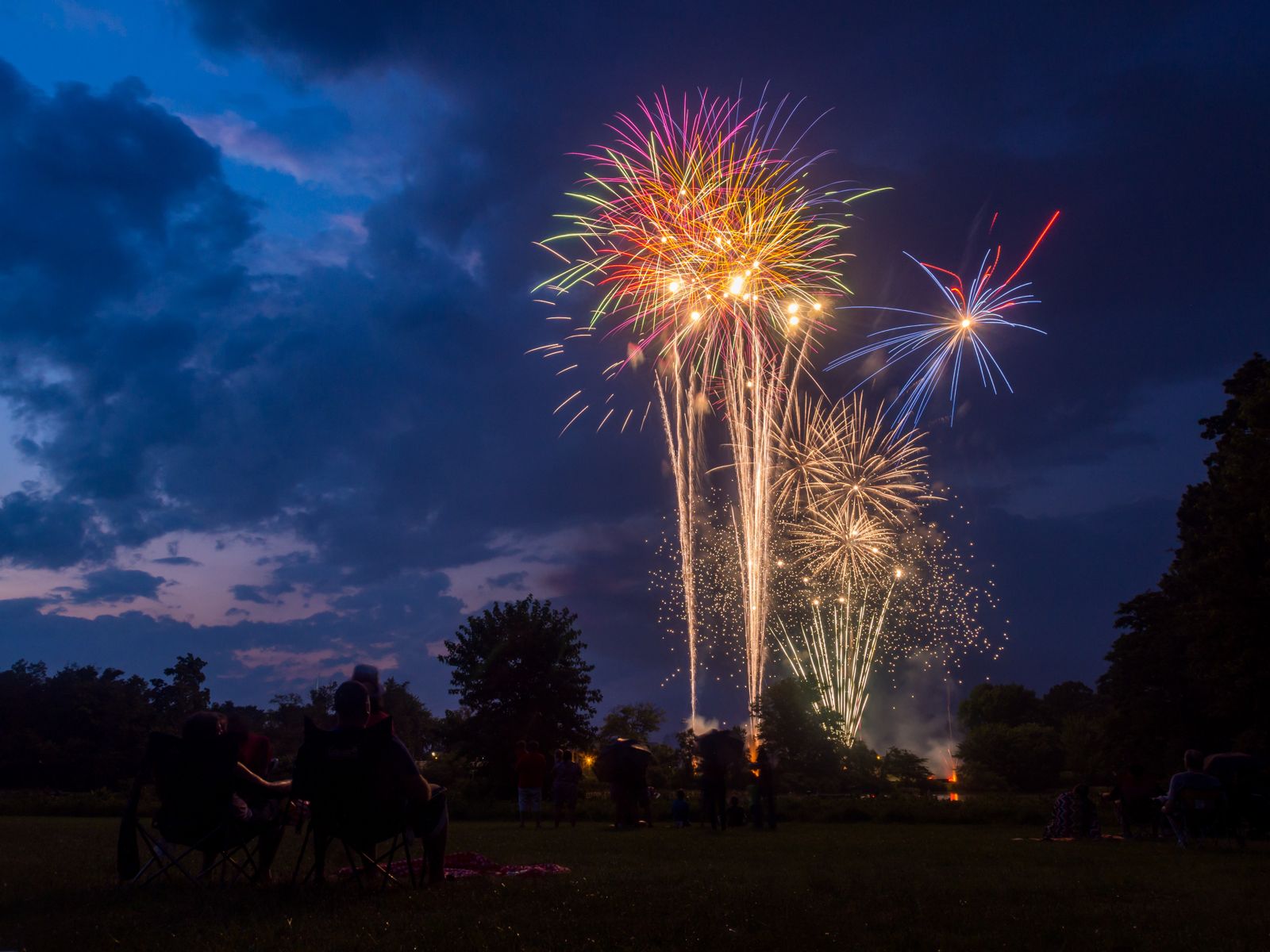 Crowd watching a Fourth of July fireworks display from a lawn