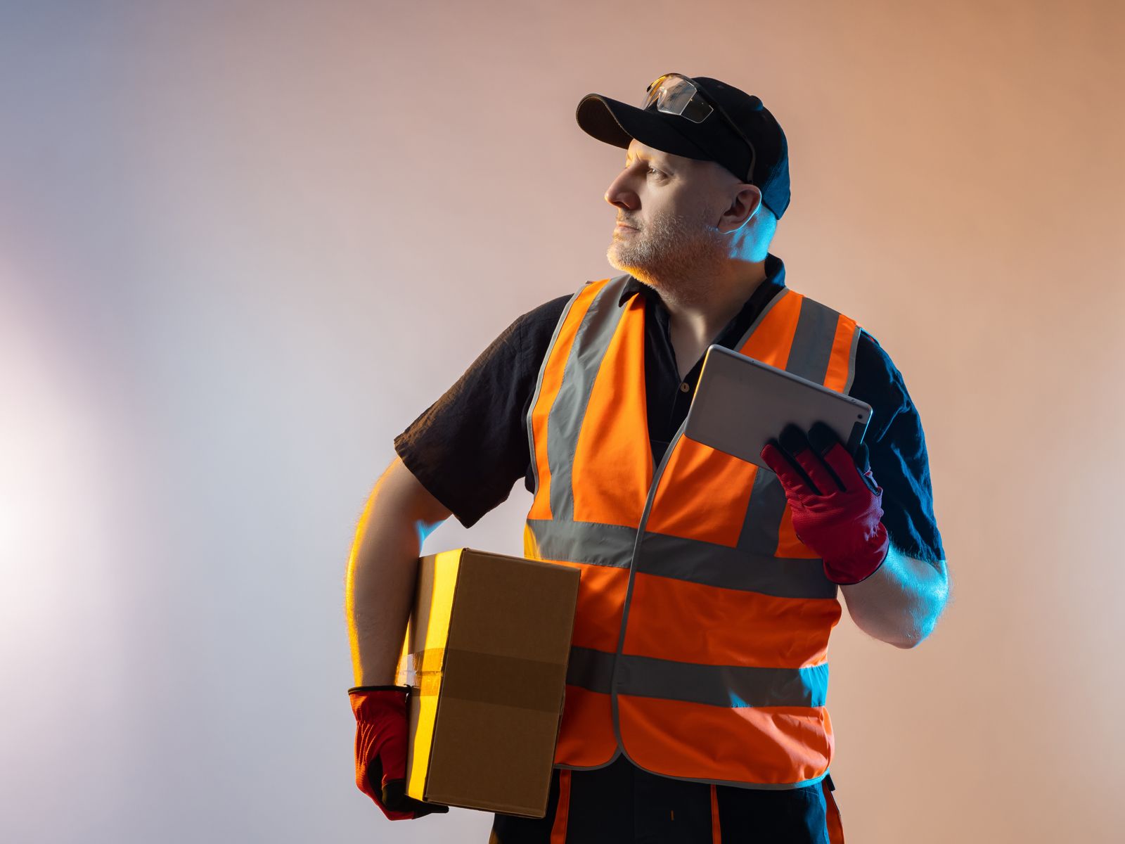 Warehouse worker carrying a cardboard box